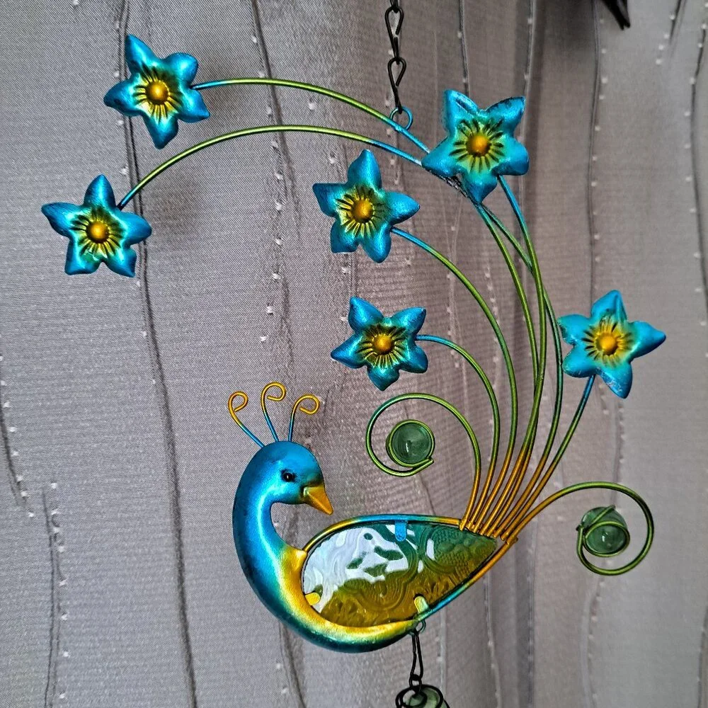 ✨ BUNDLE ✨ Set of 3 Whimsical Metal Wind Chimes - Sun/Moon, Butterfly & Peacock - Picture 2 of 7